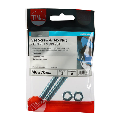 Timco Set Screws & Hex Nuts - Grade 8.8 - Zinc M8 x 70