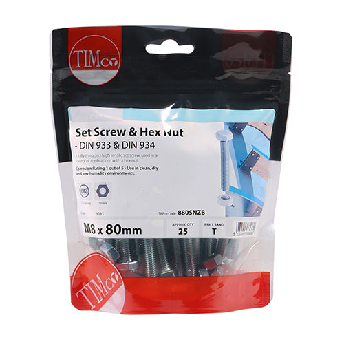 Timco Set Screws & Hex Nuts - Grade 8.8 - Zinc M8 x 80 - 25 Pieces