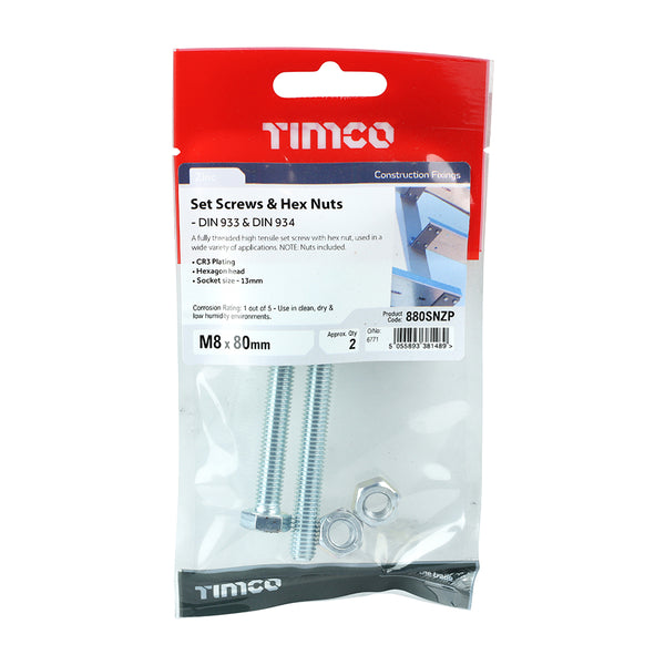 Timco Set Screws & Hex Nuts - Grade 8.8 - Zinc M8 x 80