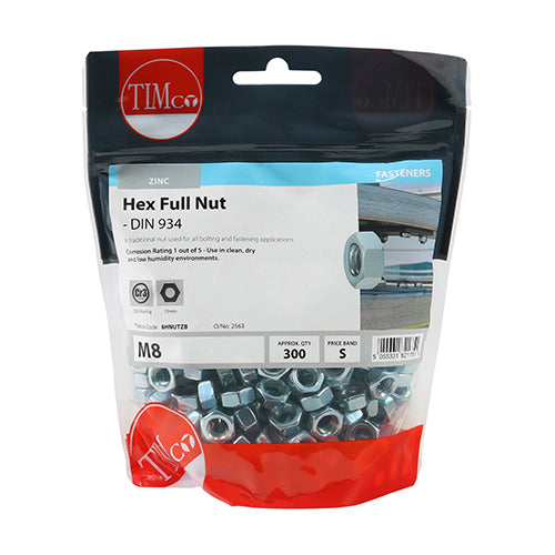 Timco Hex Full Nuts - Zinc M8 - 300 Pieces