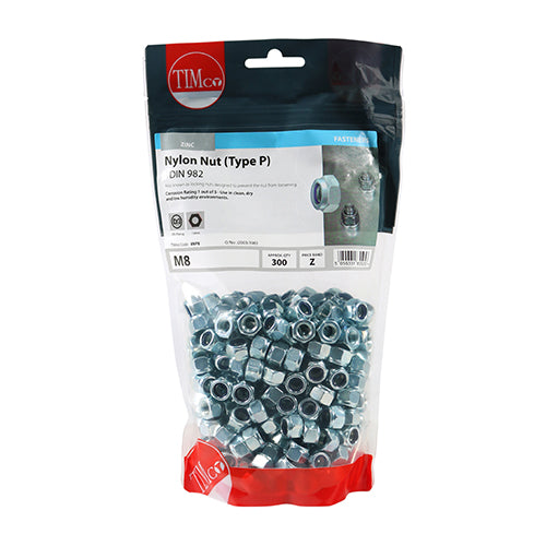 Timco Nylon Nuts - Type P - Zinc M8 - 300 Pieces