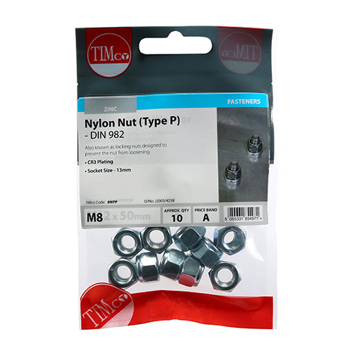 Timco Nylon Nuts - Type P - Zinc M8 - 10 Pieces