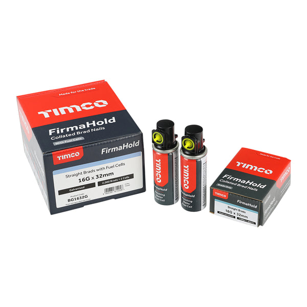 Timco FirmaHold Collated Brad Nails & Fuel Cells - 16 Gauge - Straight - Galvanised 16g x 32/2BFC - 2000 Pieces