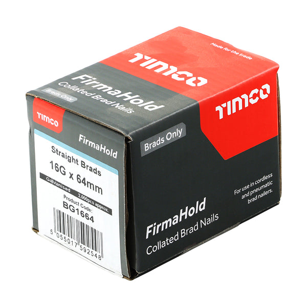 Timco FirmaHold Collated Brad Nails - 16 Gauge - Straight - Galvanised 16g x 64 - 2000 Pieces