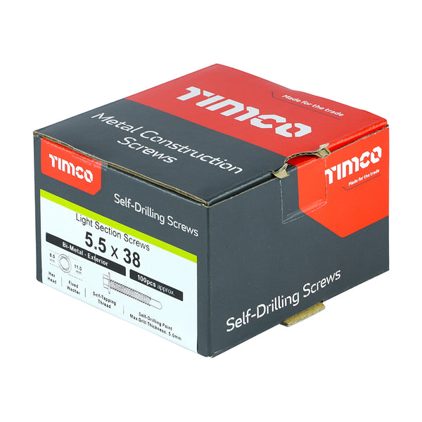 Timco Metal Construction Light Section Screws - Hex - Self-Drilling - Bi-Metal - Exterior - Silver Organic 5.5 x 38 - 100 Pieces