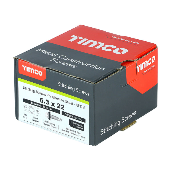 Timco Metal Construction Stitching Screws - For Sheet to Sheet - Hex - EPDM Washer - Bi-Metal - Exterior - Silver Organic 6.3 x 22 - 100 Pieces