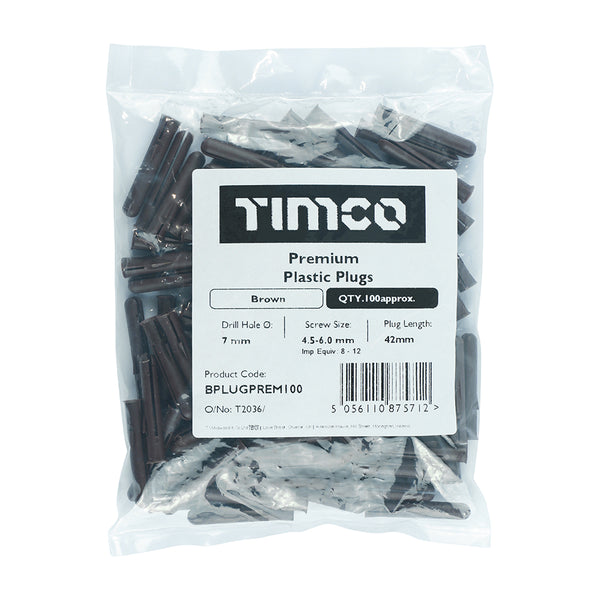 Timco Prem Plastic Plug 100 - Brown 42mm - 100 Pieces