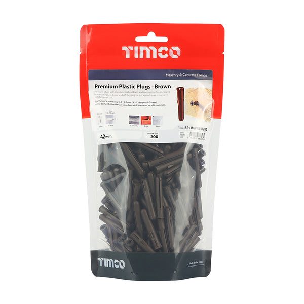 Timco Premium Plastic Plugs - Brown 42mm - 200 Pieces