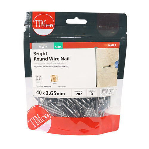 Timco Round Wire Nails - Bright 40 x 2.65 - 0.5 Kilograms