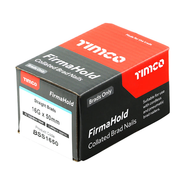 Timco FirmaHold Collated Brad Nails - 16 Gauge - Straight - A2 Stainless Steel 16g x 50 - 2000 Pieces