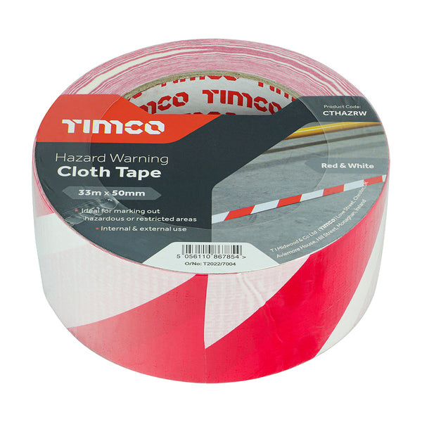 Timco Hazard Warning Cloth Tape - Red and White 33m x 50mm