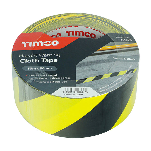 Timco Hazard Warning Cloth Tape - Yellow and Black 33m x 50mm