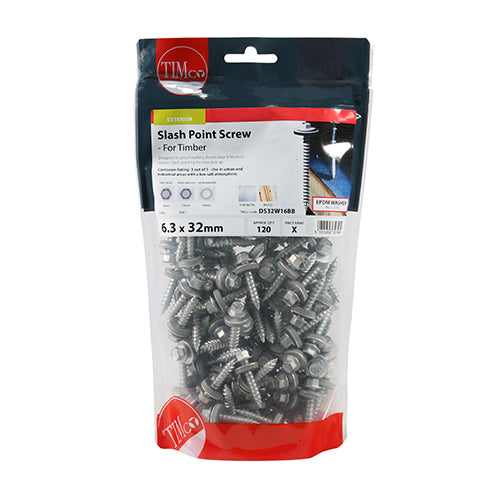 Timco Slash Point Screws - Hex - For Timber - Exterior - Silver - With EPDM Washer 6.3 x 32 - 120 Pieces