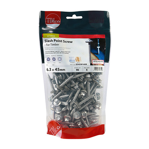 Timco Slash Point Screws - Hex - For Timber - Exterior - Silver - With EPDM Washer 6.3 x 45 - 90 Pieces