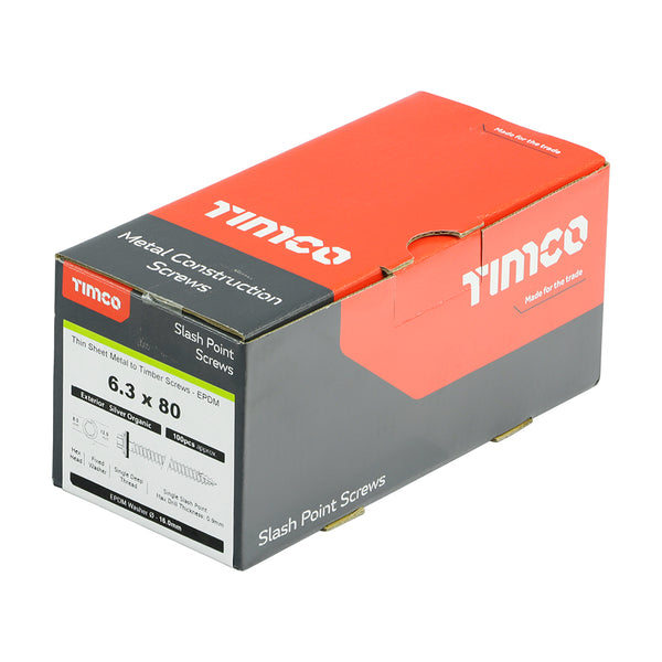 Timco Metal Construction Thin Sheet Metal to Timber Screws - Hex - EPDM Washer - Slash Point - Exterior - Silver Organic 6.3 x 80 - 100 Pieces