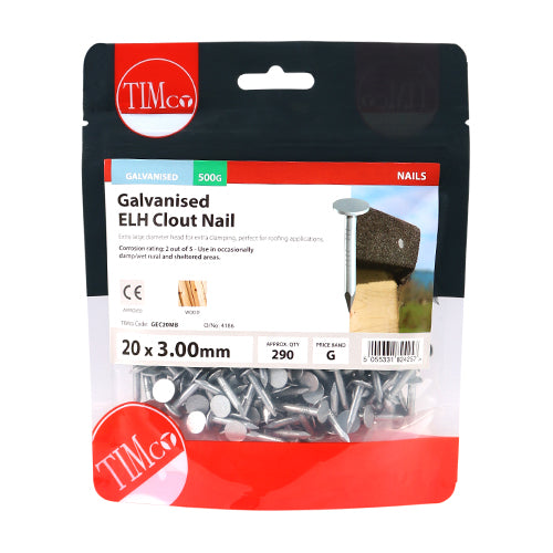 Timco Extra Large Head Clout Nails - Galvanised 20 x 3.00 - 0.5 Kilograms