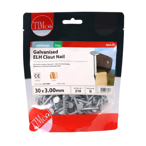 Timco Extra Large Head Clout Nails - Galvanised 30 x 3.00 - 0.5 Kilograms