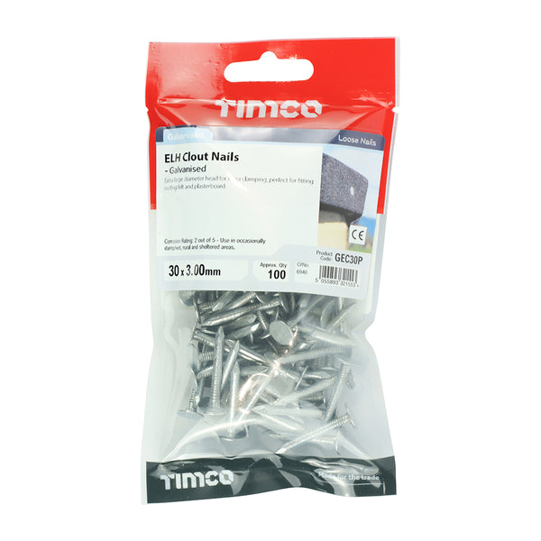 Timco Extra Large Head Clout Nails - Galvanised 30 x 3.00 - 100 Pieces