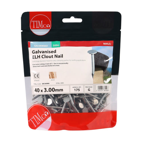 Timco Extra Large Head Clout Nails - Galvanised 40 x 3.00 - 0.5 Kilograms