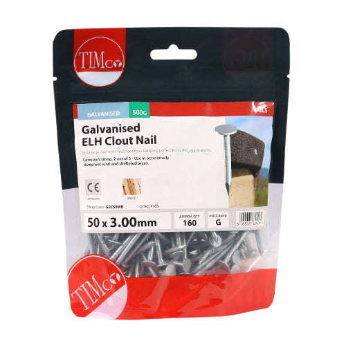 Timco Extra Large Head Clout Nails - Galvanised 50 x 3.00 - 0.5 Kilograms