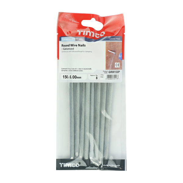 Timco Round Wire Nails - Galvanised 150 x 6.00 - 8 Pieces