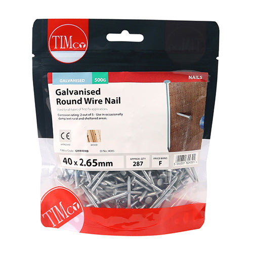 Timco Round Wire Nails - Galvanised 40 x 2.65 - 0.5 Kilograms