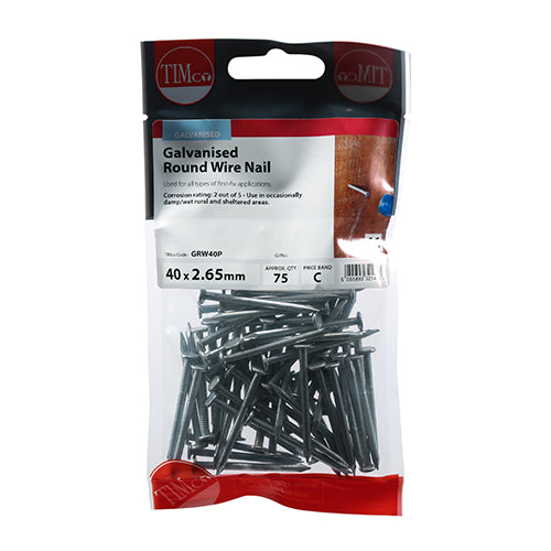 Timco Round Wire Nails - Galvanised 40 x 2.65 - 75 Pieces