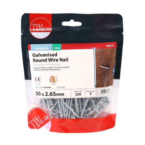 Timco Round Wire Nails - Galvanised 50 x 2.65 - 0.5 Kilograms