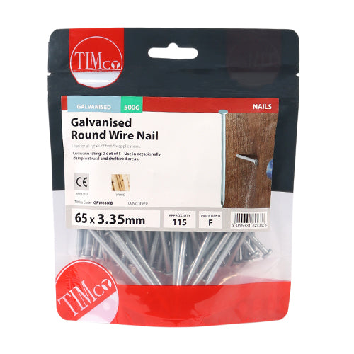 Timco Round Wire Nails - Galvanised 65 x 3.35 - 0.5 Kilograms