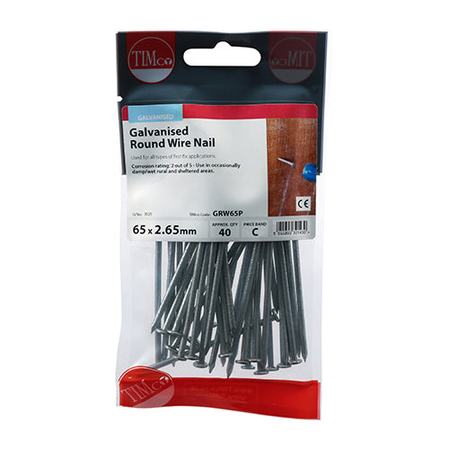 Timco Round Wire Nails - Galvanised 65 x 2.65 - 40 Pieces