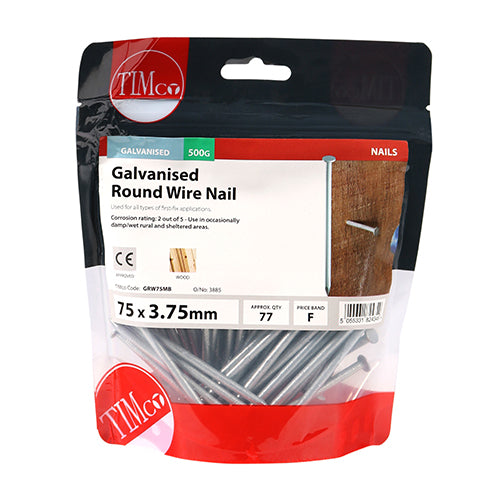 Timco Round Wire Nails - Galvanised 75 x 3.75 - 0.5 Kilograms