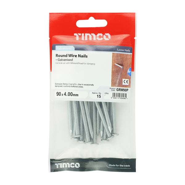 Timco Round Wire Nail - Galvanised 90 x 4.00 - 15 Pieces