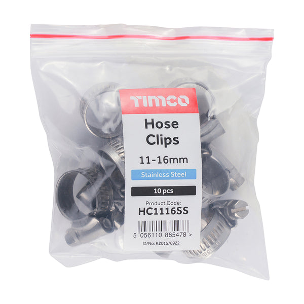 Timco Hose Clips - Stainless Steel 11-16mm - 10 Pieces