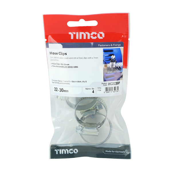 Timco Hose Clips - Zinc 22-30mm - 4 Pieces