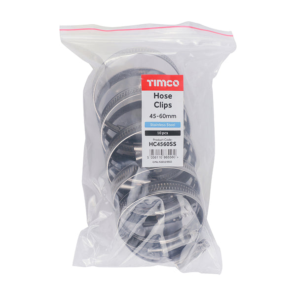 Timco Hose Clips - Stainless Steel 45-60mm - 10 Pieces