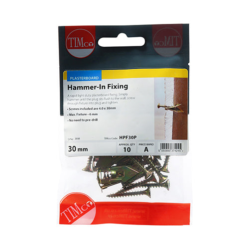 Timco Hammer-In Fixings - PZ - Yellow 4 x 30mm - 10 Pieces