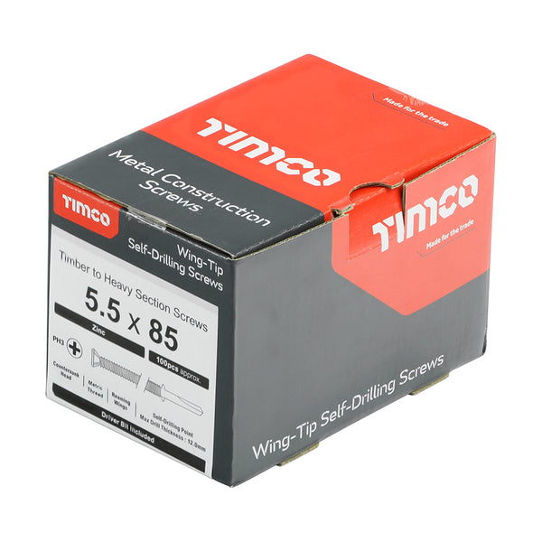 Timco Metal Construction Timber to Heavy Section Screws - Countersunk - Wing-Tip - Self-Drilling - Zinc 5.5 x 85 - 100 Pieces