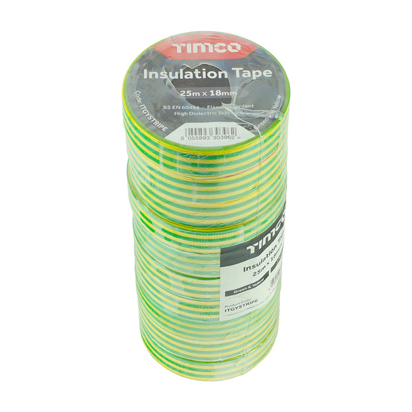 Timco PVC Insulation Tape - Green & Yellow Stripe 25m x 18mm - 10 Pieces