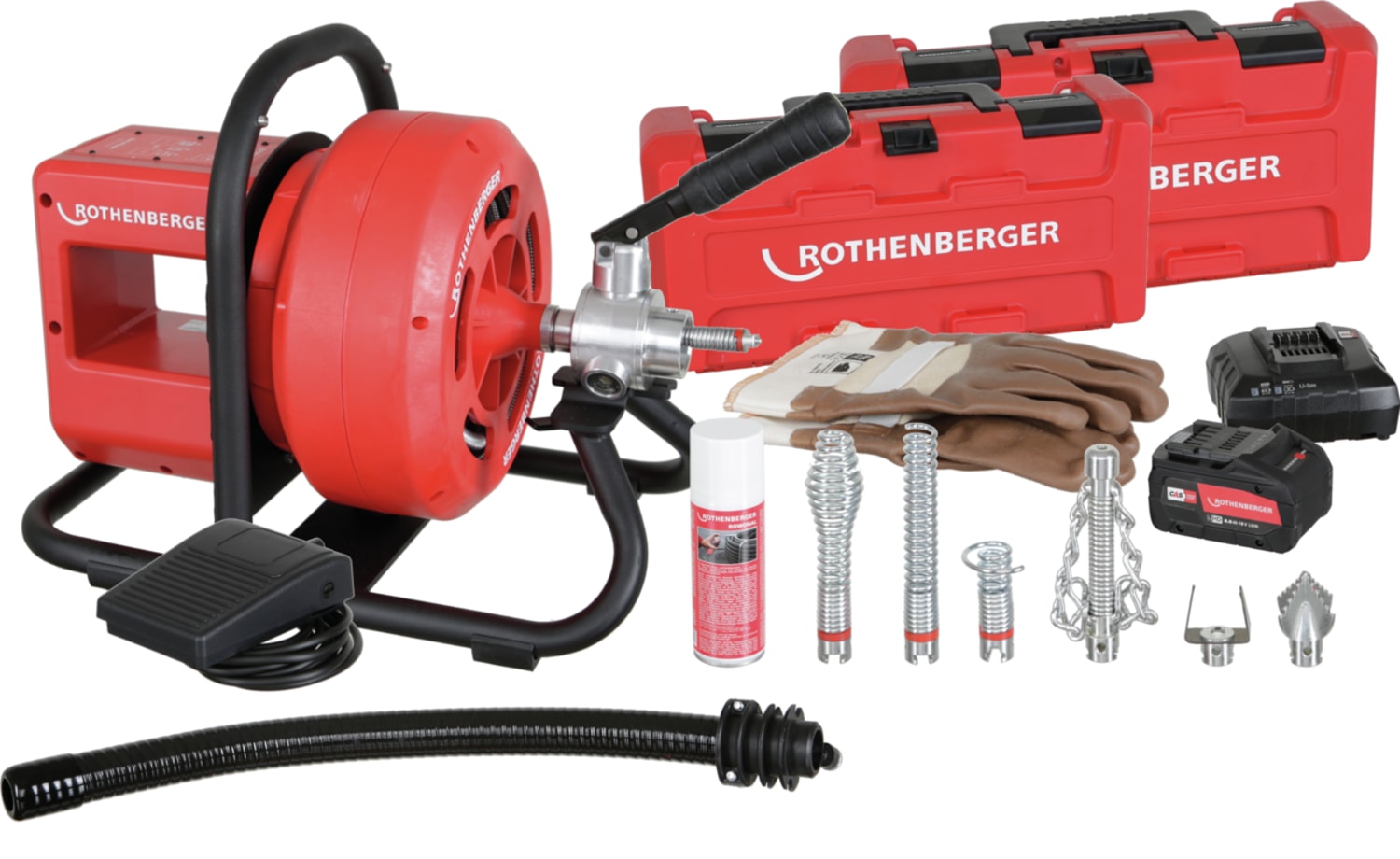 Rothenberger Rodrum VarioClean, spiral guide hose, gloves, 8.0Ah 18V battery, charger & tool set 16mm 1000003414