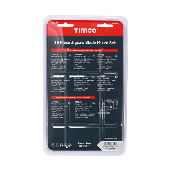 Timco Mixed Jigsaw Set - Wood & Metal Cutting - HSS Blades Mixed - 16 Pieces