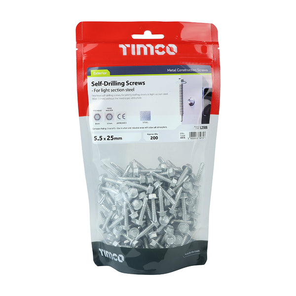 Timco Self-Drilling Screws - Hex - For Light Section Steel - Exterior - Silver 5.5 x 25 - 200 Pieces