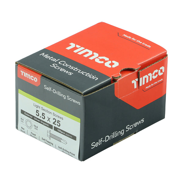 Timco Metal Construction Light Section Screws - Hex - Self-Drilling - Exterior - Silver Organic 5.5 x 25 - 100 Pieces