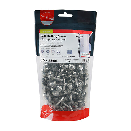 Timco Self-Drilling Screws - Hex - For Light Section Steel - Exterior - Silver - With EPDM Washer 5.5 x 32 - 130 Pieces