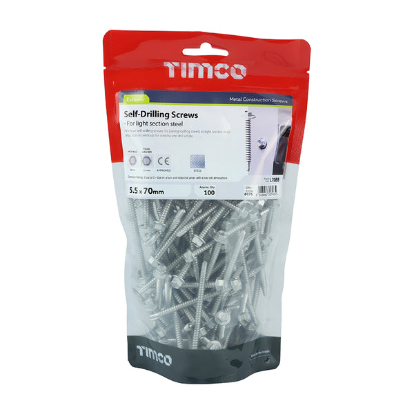 Timco Self-Drilling Screws - Hex - For Light Section Steel - Exterior - Silver 5.5 x 70 - 100 Pieces