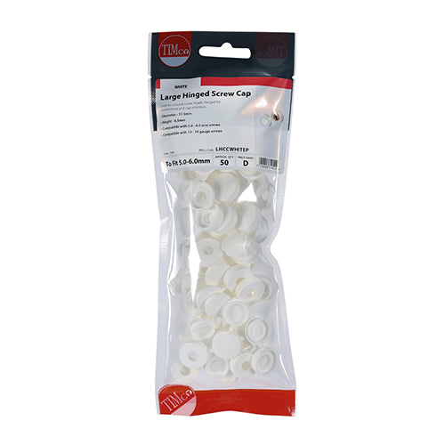 Timco Hinged Screw Caps - Large - White To fit 5.0 to 6.0 Screw - 50 Pieces