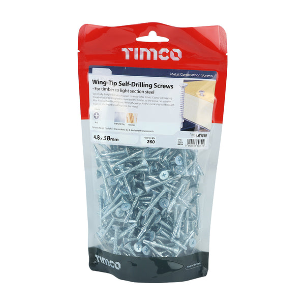 Timco Wing-Tip Self-Drilling Screws - Countersunk - PH - For Timber to Light Section Steel - Zinc 4.8 x 38 - 260 Pieces