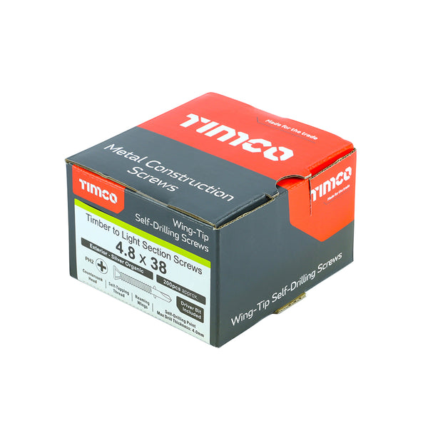 Timco Metal Construction Timber to Light Section Screws - Countersunk - Wing-Tip - Self-Drilling - Exterior - Silver Organic 4.8 x 38 - 200 Pieces