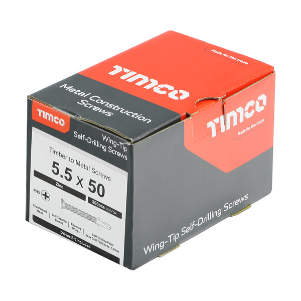 Timco Metal Construction Timber to Light Section Screws - Countersunk - Wing-Tip - Self-Drilling - Zinc 5.5 x 50 - 200 Pieces