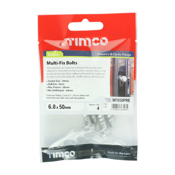 Timco Masonry Bolts - Hex Flange - Exterior - Silver 6.0 x 50 - 4 Pieces