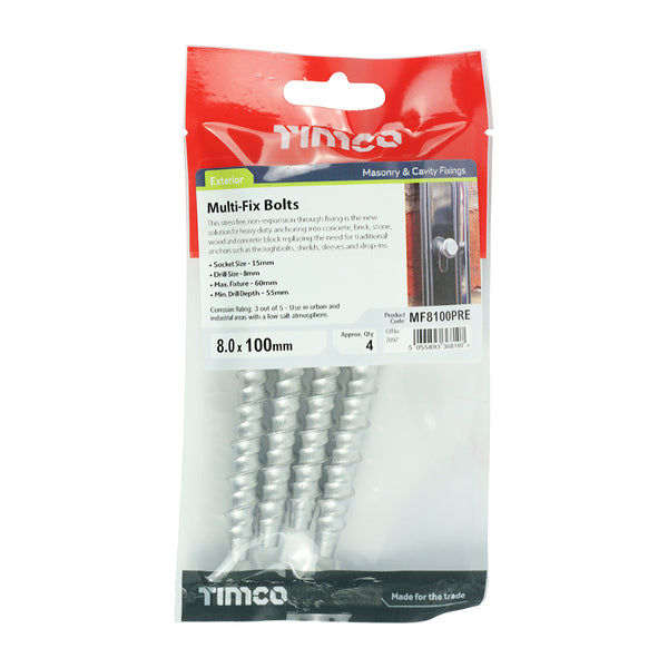 Timco Masonry Bolts - Hex - Exterior - Silver 8.0 x 100 - 4 Pieces